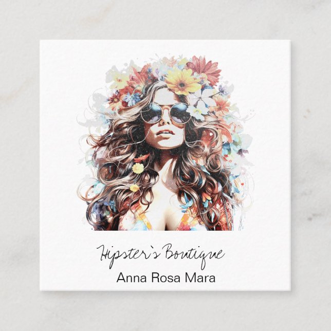 *~* AP57  Boho QR Wild Floral Hippie Woman Square Business Card (Front)
