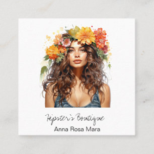 *~* AP57 QR Orange Boho Flowers Hair Hippie Lady Square Business Card