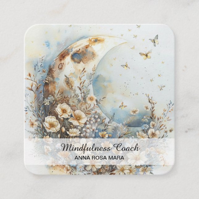 *~* AP70 Ethereal Crescent Moon Flowers QR Floral Square Business Card (Front)
