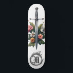 *~* AP88 Mediaeval Sword Flower Floral Fire Skateboard<br><div class="desc">(Search code AP88 to find similar items ) Easily Transfer to other Zazzle Products. WHITE background Skateboard. MEDIEVAL SWORD for dragon slayers with FLOWERS / FLORAL elements and with RING of FIRE / FLAMES / FLAME and Letter , INITIAL MONOGRAM for your name - Keep or edit or delete the...</div>