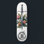 *~* AP88 Mediaeval Sword Flower Floral Fire Skateboard<br><div class="desc">(Search code AP88 to find similar items ) Easily Transfer to other Zazzle Products. WHITE background Skateboard. MEDIEVAL SWORD for dragon slayers with FLOWERS / FLORAL elements and with RING of FIRE / FLAMES / FLAME and Letter , INITIAL MONOGRAM for your name - Keep or edit or delete the...</div>