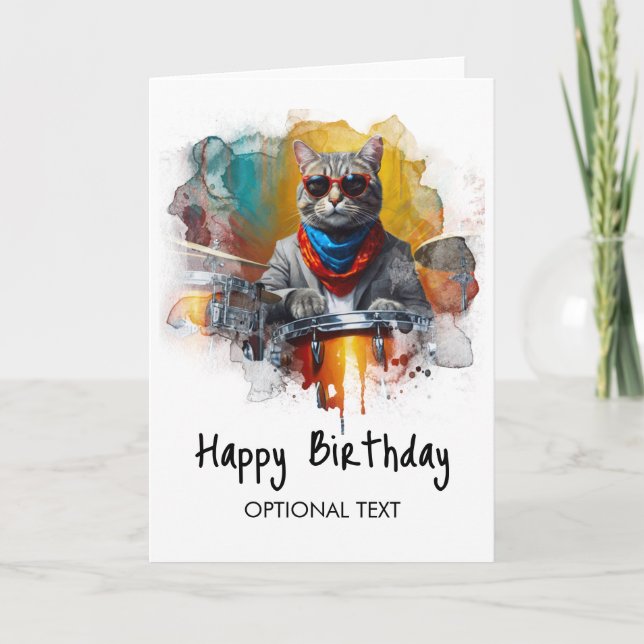 *~* AP91 Hip Cool Cat DRUMMER Birthday Card (Front)