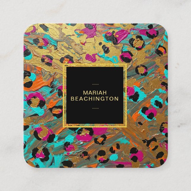 ** AP93 Leopard Animal Neon Bold Abstract Gold Square Business Card (Front)