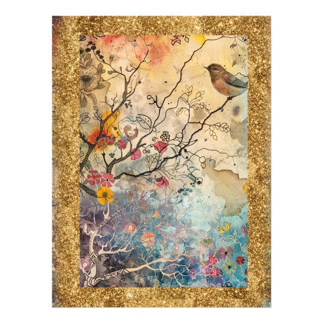 *~  AP95 Whimsical Floral Art Nature BIRD  Glitter Photo Print (Front)