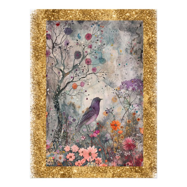 *~  AP95 Whimsical Floral Art Nature Gold  Glitter Photo Print (Front)