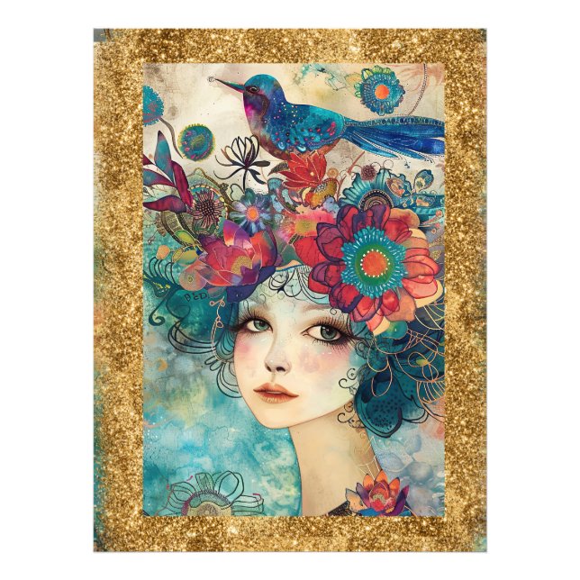 *~  AP95 Whimsical Woman Floral  Gold  Glitter art Photo Print (Front)