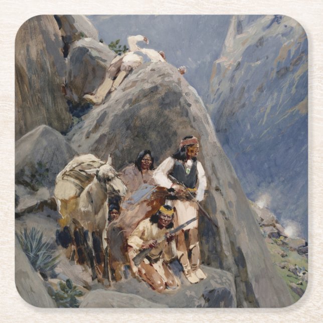 Apache Warriors: Ambush on American Cavalry Square Paper Coaster (Front)