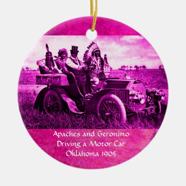 APACHES AND GERONIMO DRIVING A MOTOR CAR CERAMIC TREE DECORATION (Front)