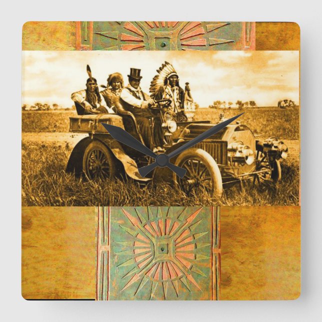 APACHES AND GERONIMO DRIVING A MOTOR CAR SQUARE WALL CLOCK (Front)