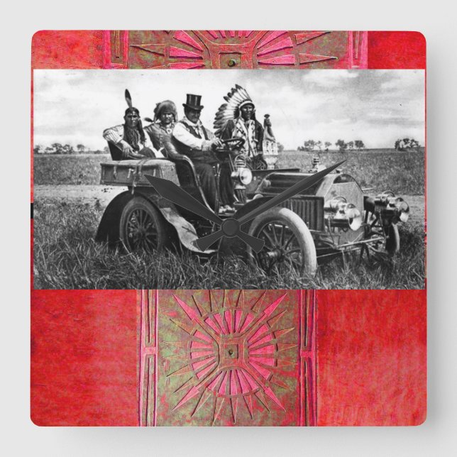 APACHES AND GERONIMO DRIVING A MOTOR CAR SQUARE WALL CLOCK (Front)