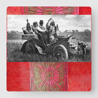 APACHES AND GERONIMO DRIVING A MOTOR CAR SQUARE WALL CLOCK