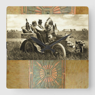 APACHES AND GERONIMO DRIVING A MOTOR CAR SQUARE WALL CLOCK