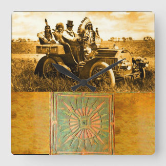 APACHES AND GERONIMO DRIVING A MOTOR CAR SQUARE WALL CLOCK