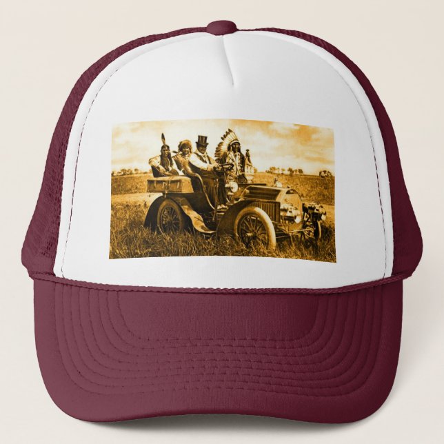 APACHES AND GERONIMO DRIVING A MOTOR CAR TRUCKER HAT (Front)