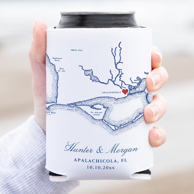 Apalachicola Florida Map Wedding Favour Can Cooler (Apalachicola Wedding Favor Can Coozie with Elegant navy blue Florida map from Coastal Map Designs)
