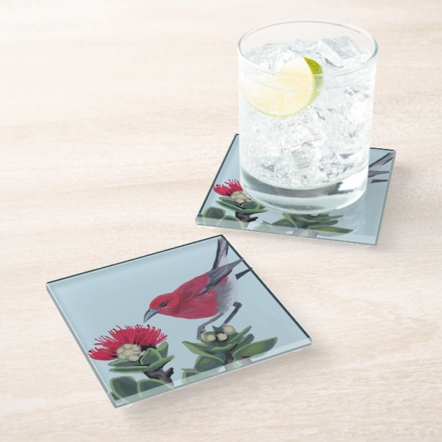 Apapane & Lehua Blossom Hawaii Nature Illustration Glass Coaster (Angled)
