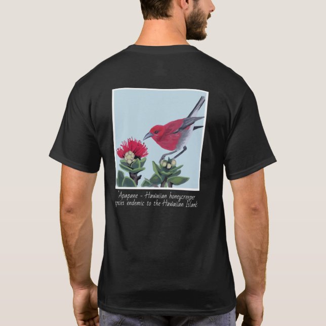Apapane & Lehua Blossom Hawaii Nature Illustration T-Shirt (Back)