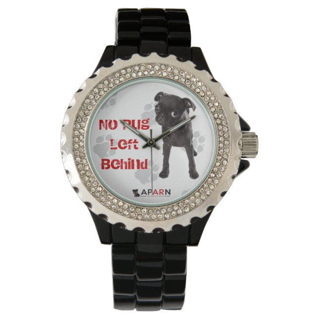 APARN "No Pug Left Behind" Rhinestone Watch, Black Watch (Front)
