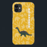 Apatosaurus Toy Dinosaur Green and Yellow Case-Mate iPhone Case<br><div class="desc">Create a personalised gift that's perfect for dinosaur fans young and old. This cell or mobile phone case features a photo of a plastic toy apatosaurus dinosaur in green with rust red accents set against a bright yellow background featuring a pattern of fossils of dinosaur footprints. Add your own name...</div>