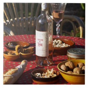 Aperitif and appetizers prepared: bread, olives, tile