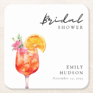 Aperol Spritz Floral Bridal Shower Square Paper Coaster