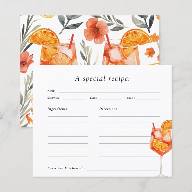 Aperol Spritz Floral Watercolor Bridal Recipe Card (Front/Back)