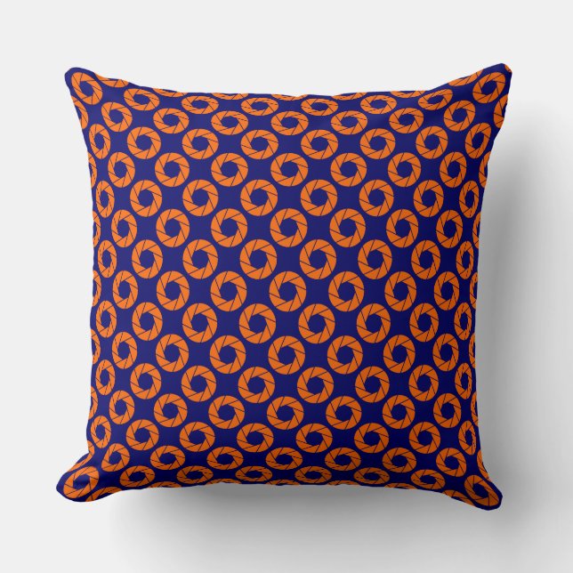 Aperture Pattern - Orange on Deep Navy Cushion (Front)