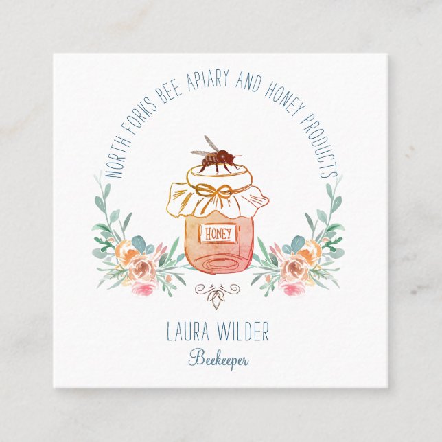 Apiary Bee Honey Jar Floral Square Business Card (Front)