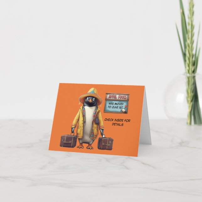 Apil fools day penguin with suitcases  holiday card (Front)