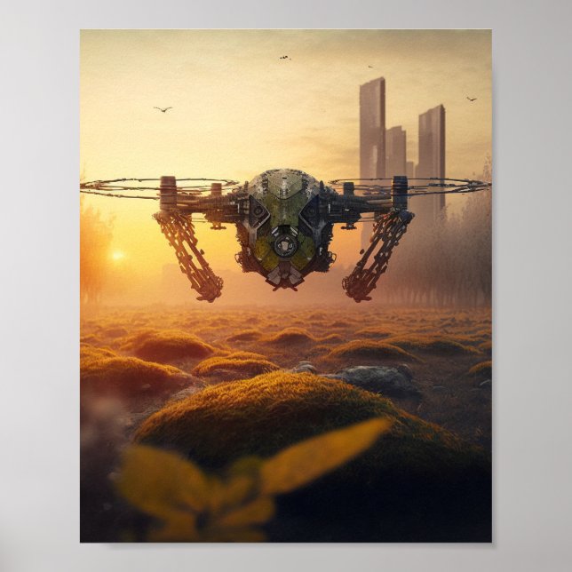 Apocalyptic Flying Drone during sunrise Poster (Front)