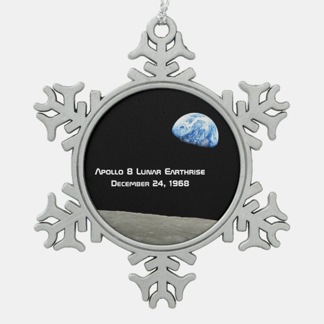 Apollo 8 Lunar Earthrise 50th Anniversary Snowflake Pewter Christmas Ornament (Front)