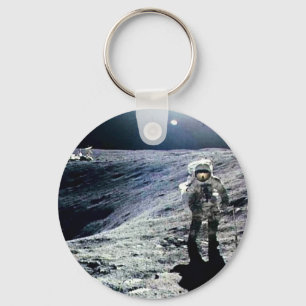 Apollo Astronaut walking on the Moon and crater Key Ring