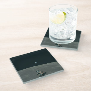 Apollo Lunar Lander and Earthrise Over Moon Glass Coaster