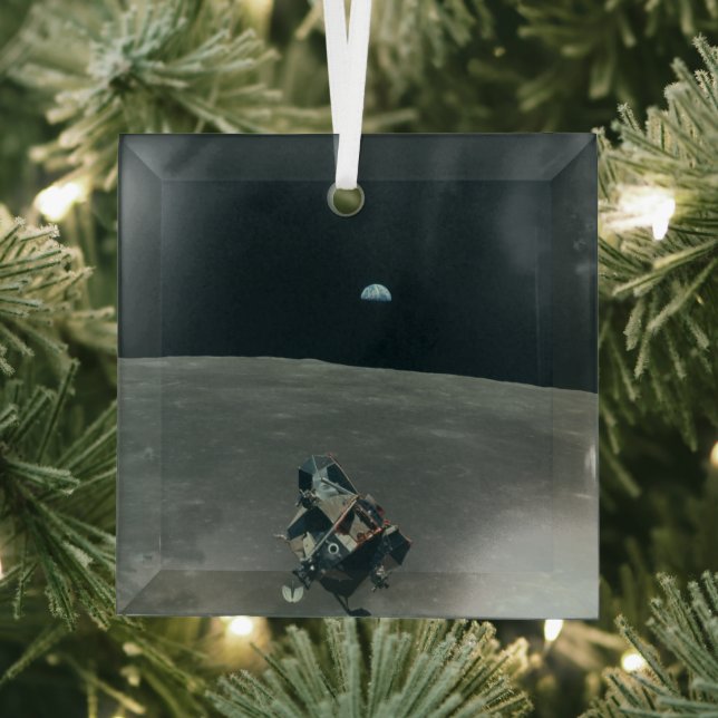 Apollo Lunar Lander and Earthrise Over Moon     Glass Tree Decoration (Insitu)