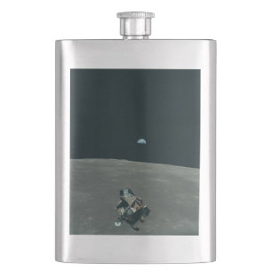 Apollo Lunar Lander and Earthrise Over Moon Hip Flask