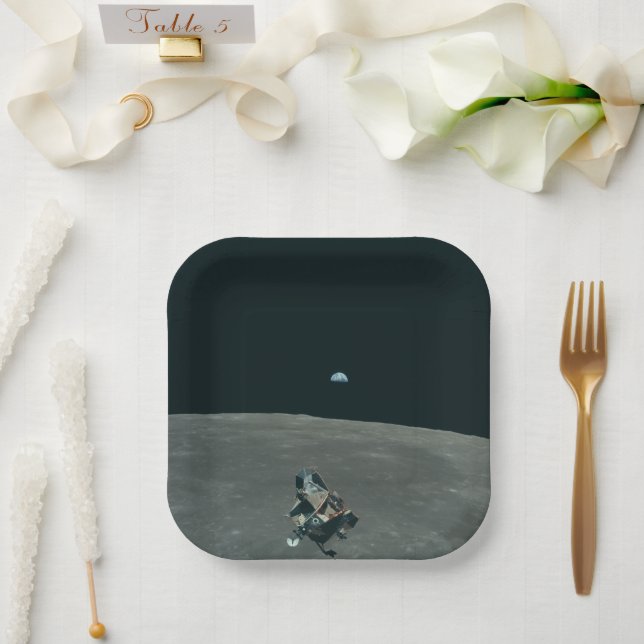 Apollo Lunar Lander and Earthrise Over Moon     Paper Plate (Wedding)