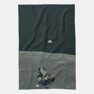 Apollo Lunar Lander and Earthrise Over Moon Tea Towel
