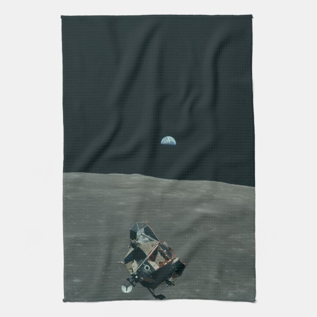 Apollo Lunar Lander and Earthrise Over Moon     Tea Towel (Vertical)