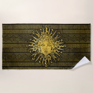 Apollo Sun Symbol on Greek Key Pattern Beach Towel