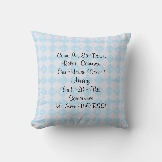 Apology for Messy House Retro Kitchy Blue Square Cushion (Front)