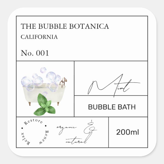 Apothecary Mint Bubble Bath Label (Front)