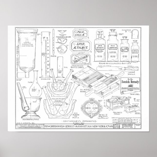 Apothecary tools bottles vintage art illustration poster (Front)