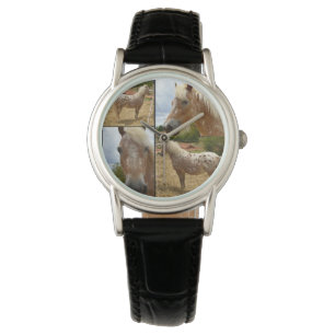 Appaloosa Horse Photo Collage Black Leather Watch