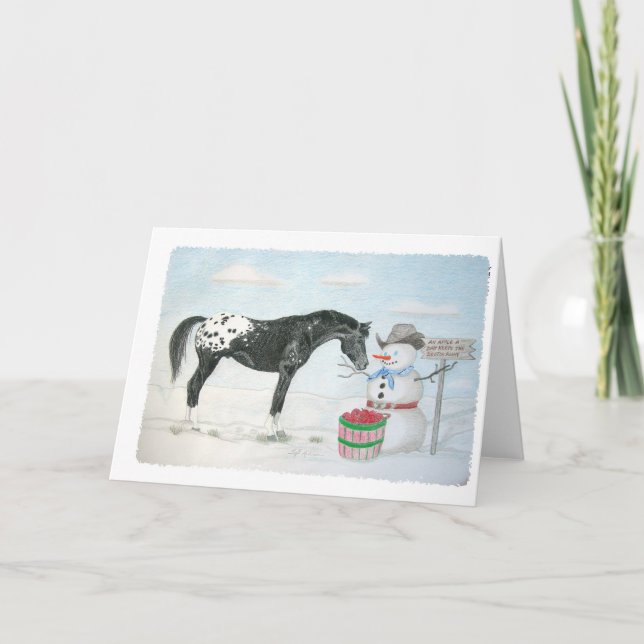 Appaloosa horse with snowman, rectangular holiday card (Front)