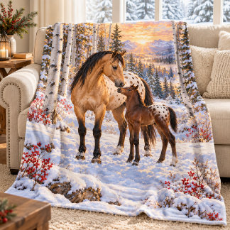 Appaloosa Mare and Foal in Snowy Aspens Fleece Blanket