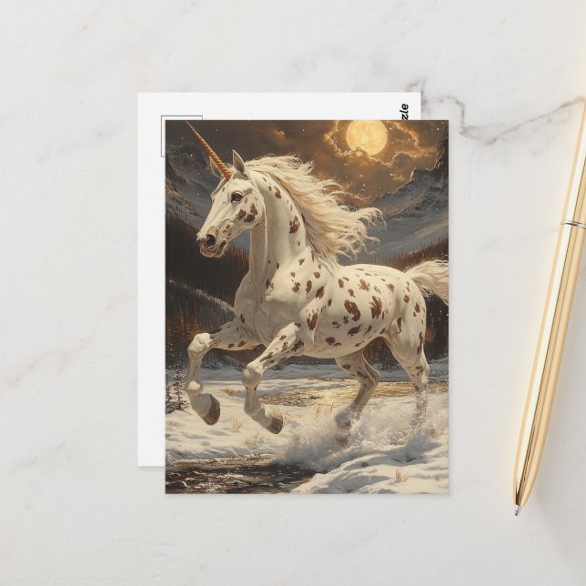 Appaloosa Unicorn on Moonlit Snowy Mountains Postcard (Front/Back In Situ)