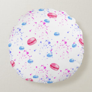 Appetising macarons in watercolor splatters round cushion