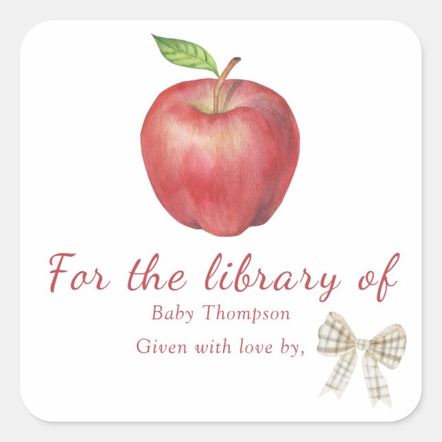 Apple and bow - bookplate for the library of square sticker (Front)