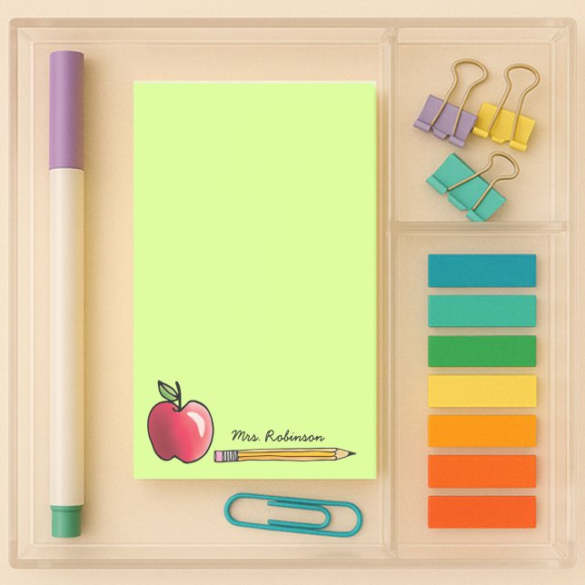 Apple and Pencil Personalised Teacher Green 4 x 6 Post-it Notes (4x6 sticky notes lime green with a red apple and pencil with custom name)