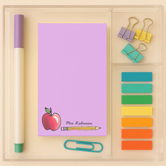 Apple and Pencil Personalised Teacher Purple 4 x 6 Post-it Notes (4x6 Teacher sticky notes with an apple, pencil, and custom name on a purple background)